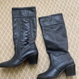 Fossil Black Mid-Calf Leather Heeled Boots with Braided Accent